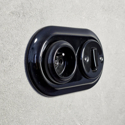 Retro Style Ceramic French Socket with A Switch – Retro Loft Style | Vintage Design, Flush-Mounted Black