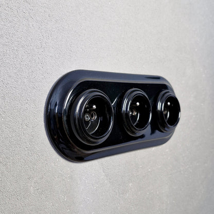 Triple Power Porcelain Socket – Retro Loft Style | Vintage Design, Flush-Mounted, French Socket in Black Ceramic