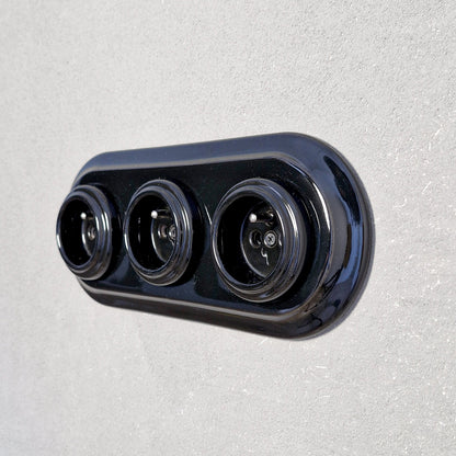 Triple Power Porcelain Socket – Retro Loft Style | Vintage Design, Flush-Mounted, French Socket in Black Ceramic