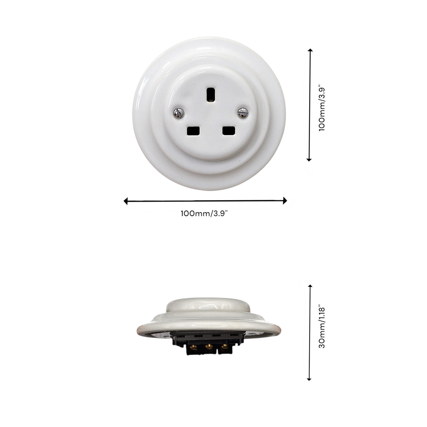 Power Socket Plug Porcelain UK 3 Prong Loft Retro Electrical Flush Mounted Vintage Cottage White Ceramic