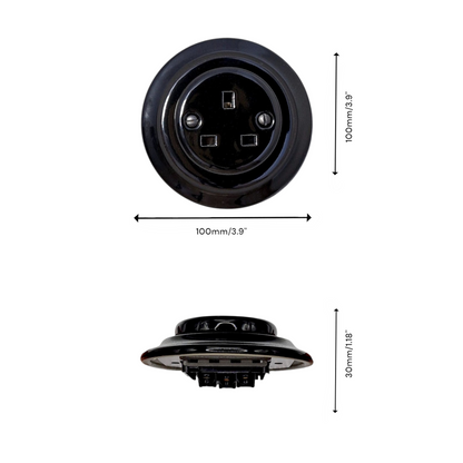 Power Socket Plug Porcelain UK 3 Prong Loft Retro Electrical Flush Mounted Vintage Cottage Black Ceramic