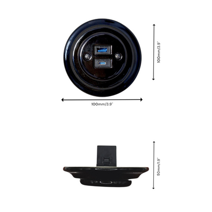 Porcelain USB Charging Socket – Retro Loft Style | Vintage Design, Flush-Mounted, USB A+C Socket in Black Ceramic
