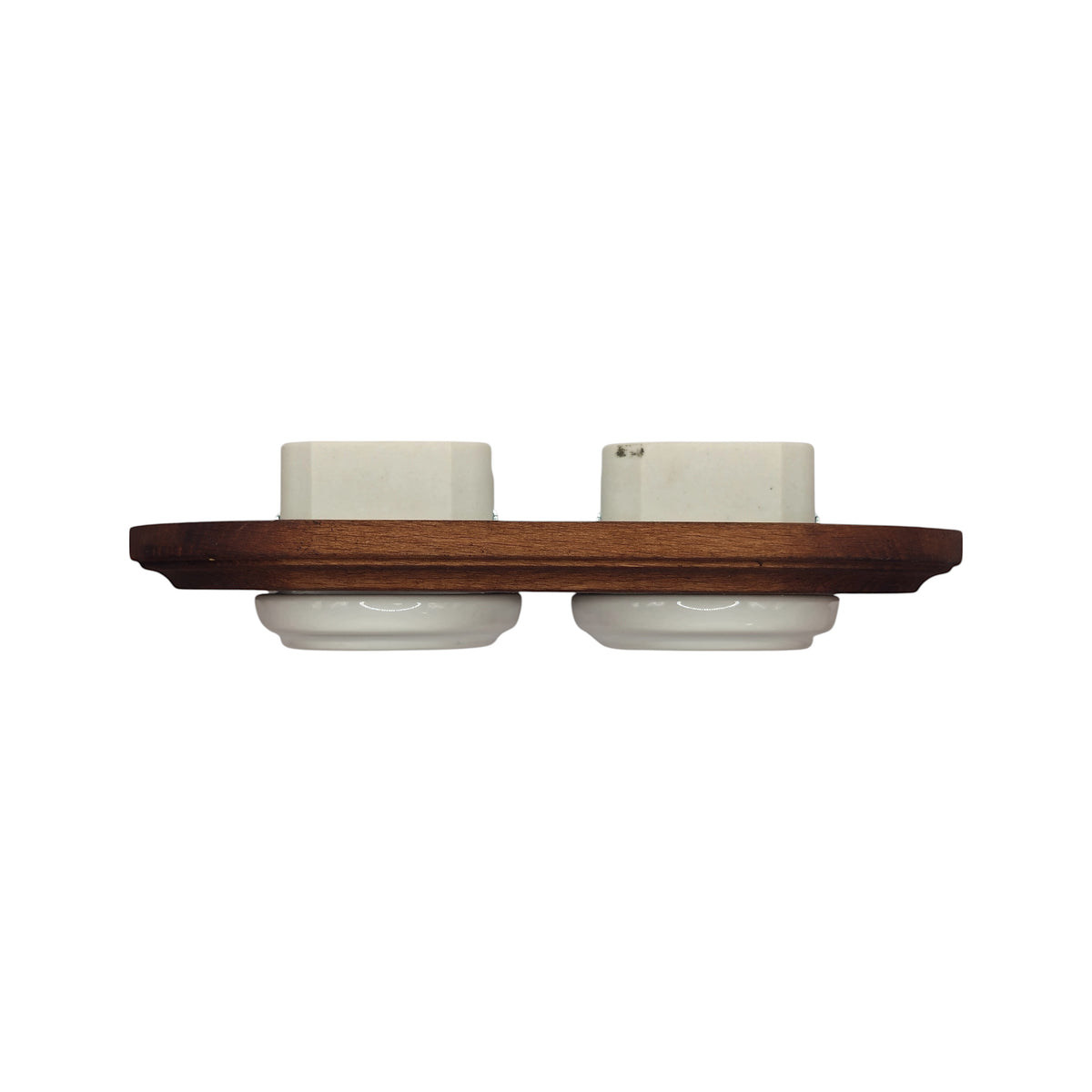 Flush Mount French Socket (Type E) – Double Outlet with Earth Pin in White Porcelain & Dark Wood