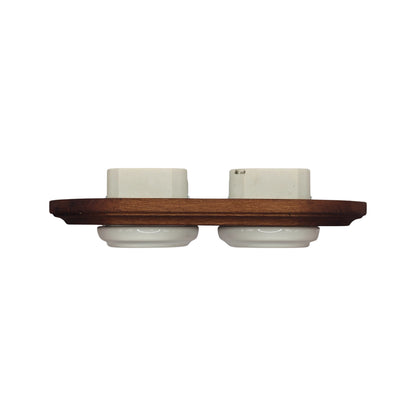 Flush Mount French Socket (Type E) – Double Outlet with Earth Pin in White Porcelain & Dark Wood