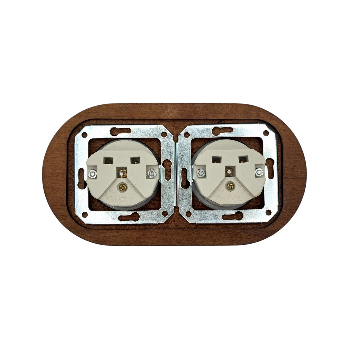 Flush Mount French Socket (Type E) – Double Outlet with Earth Pin in White Porcelain & Dark Wood