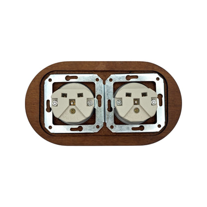 Flush Mount French Socket (Type E) – Double Outlet with Earth Pin in White Porcelain & Dark Wood