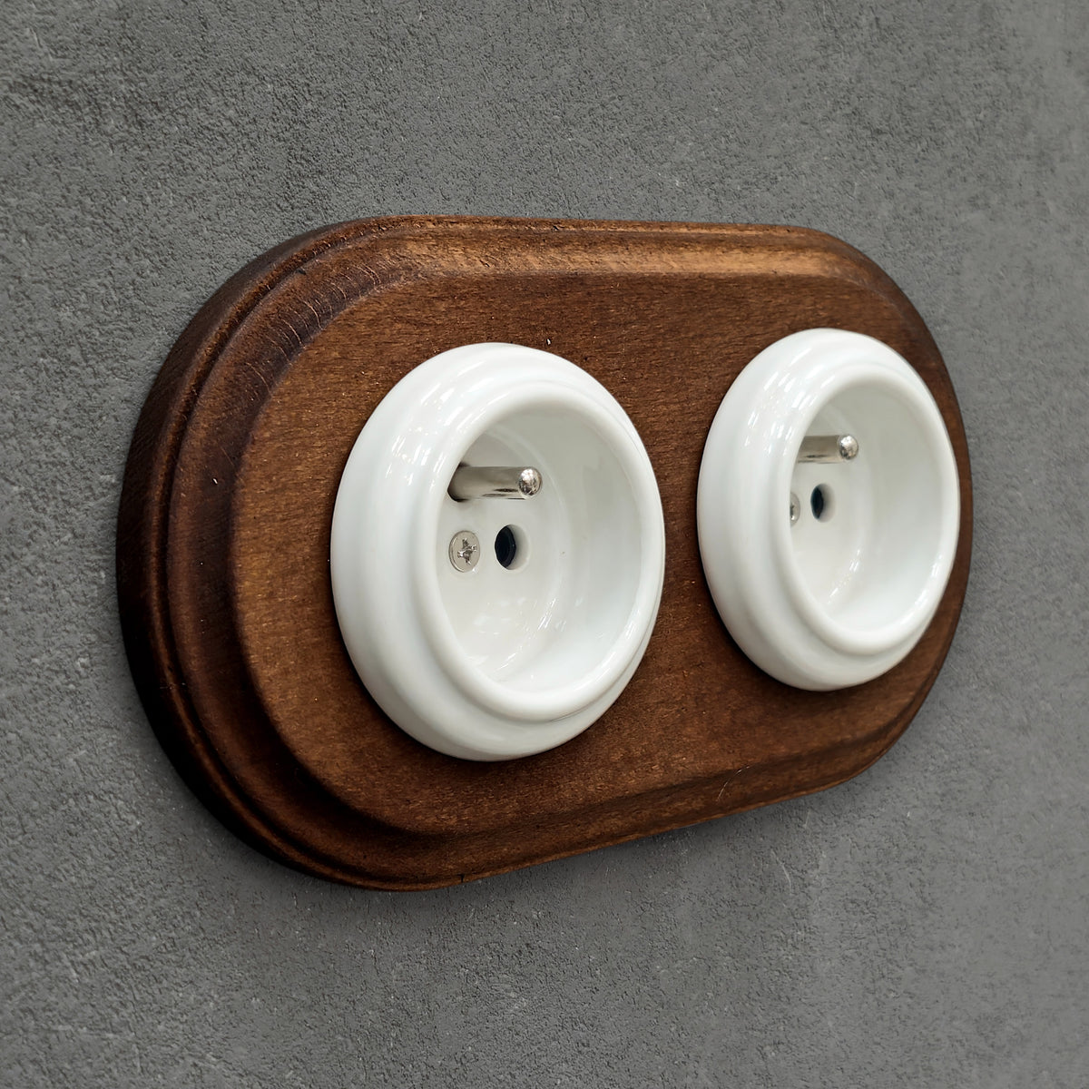 Flush Mount French Socket (Type E) – Double Outlet with Earth Pin in White Porcelain & Dark Wood