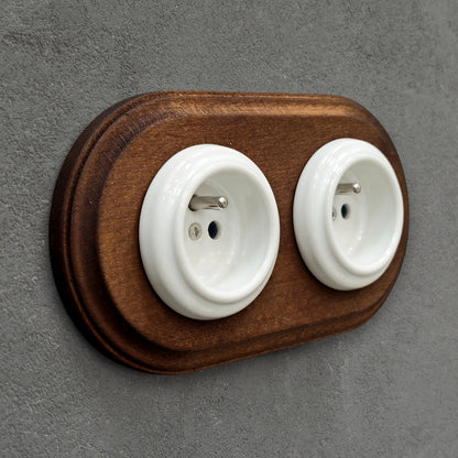 Flush Mount French Socket (Type E) – Double Outlet with Earth Pin in White Porcelain & Dark Wood