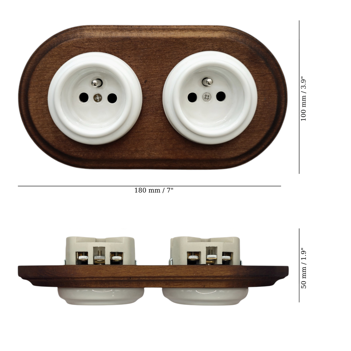 Flush Mount French Socket (Type E) – Double Outlet with Earth Pin in White Porcelain & Dark Wood