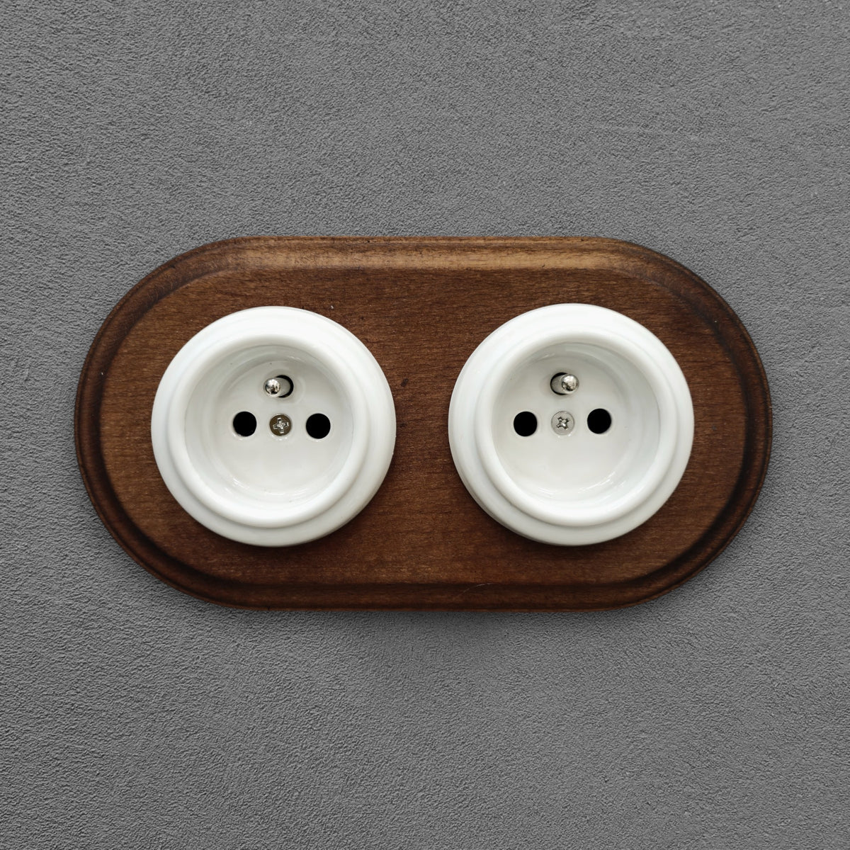Flush Mount French Socket (Type E) – Double Outlet with Earth Pin in White Porcelain & Dark Wood