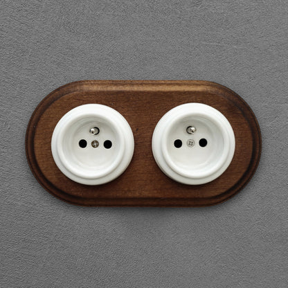 Flush Mount French Socket (Type E) – Double Outlet with Earth Pin in White Porcelain & Dark Wood