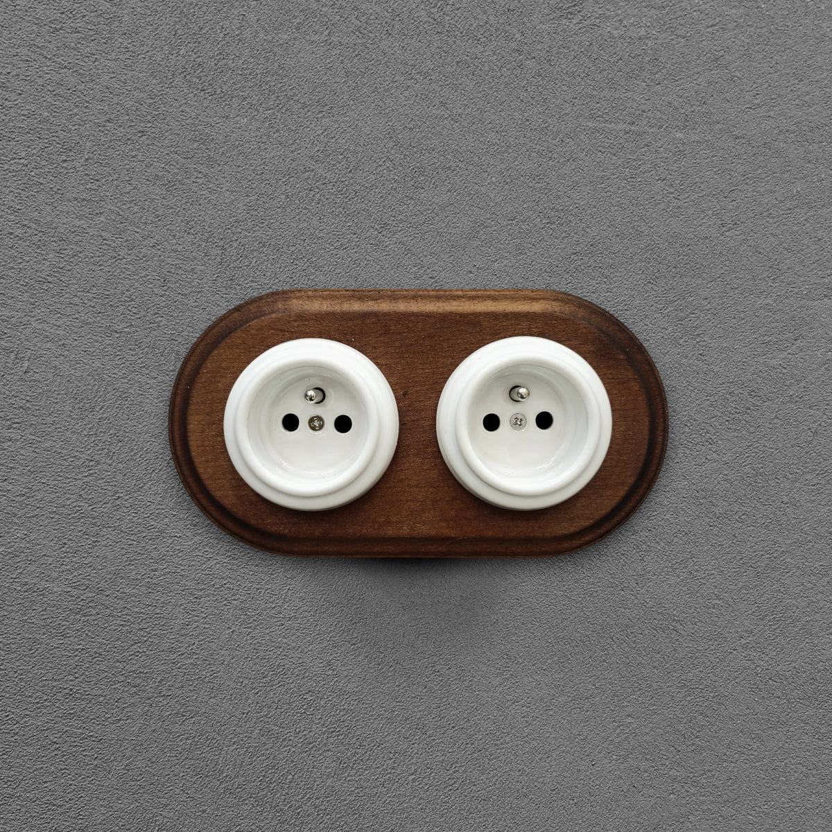 Flush Mount French Socket (Type E) – Double Outlet with Earth Pin in White Porcelain & Dark Wood