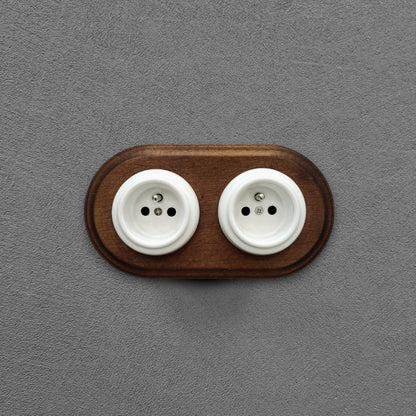 Flush Mount French Socket (Type E) – Double Outlet with Earth Pin in White Porcelain & Dark Wood