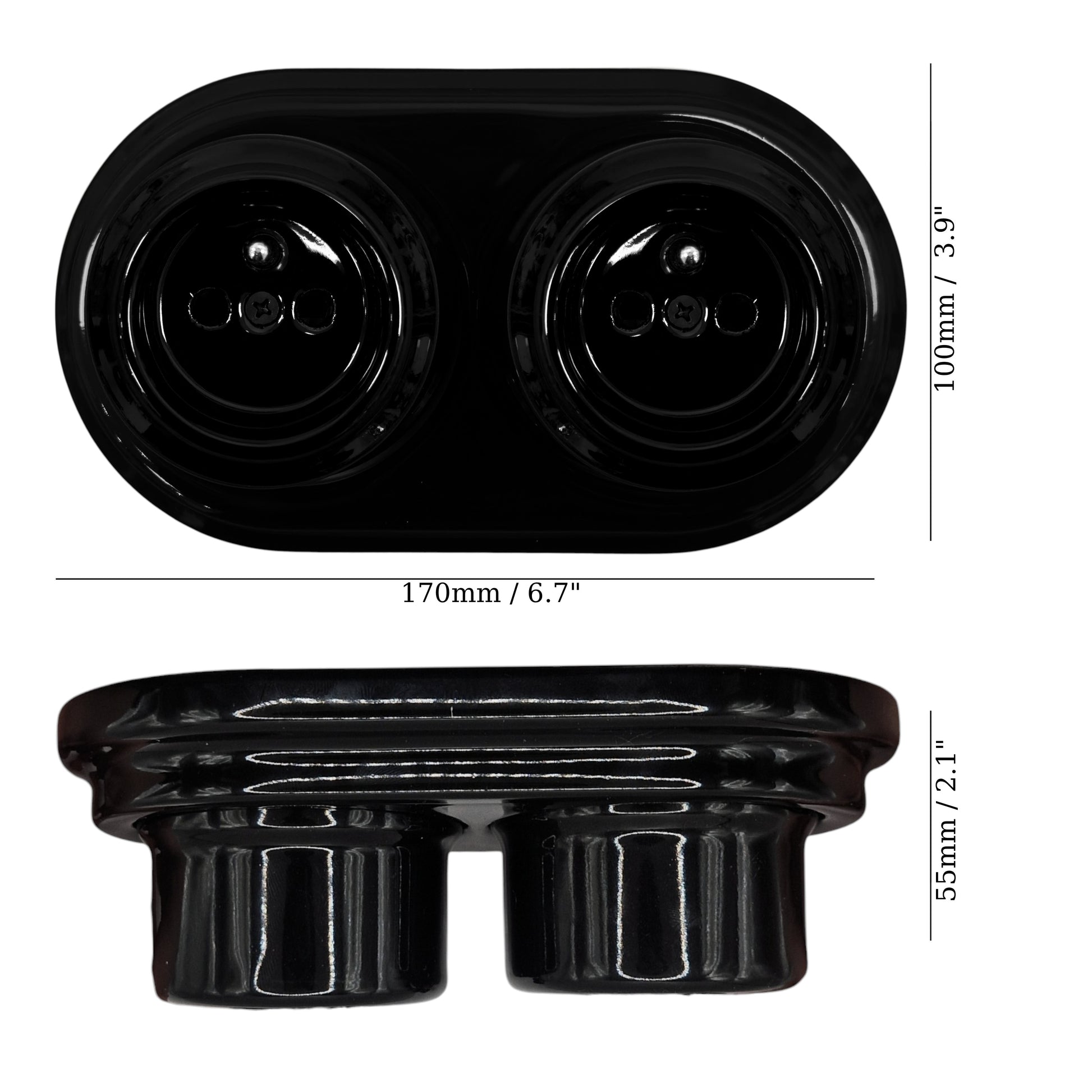 Double black French porcelain socket, surface-mount, measurements