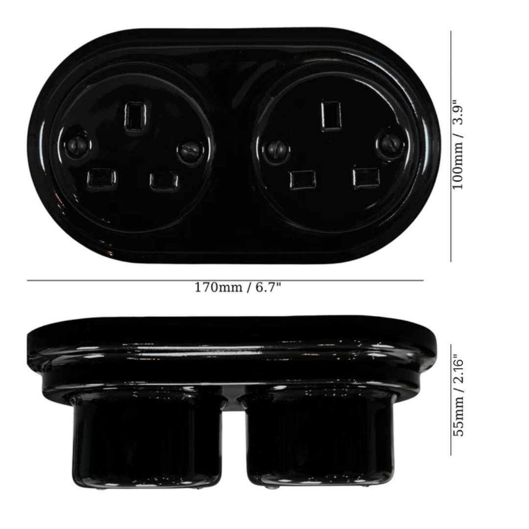 Surface Mount UK Plug Socket (Type G) – Double 3-Pin Grounded Outlet in Black Porcelain