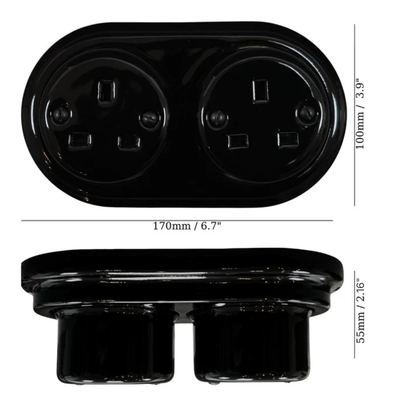 Surface Mount UK Plug Socket (Type G) – Double 3-Pin Grounded Outlet in Black Porcelain