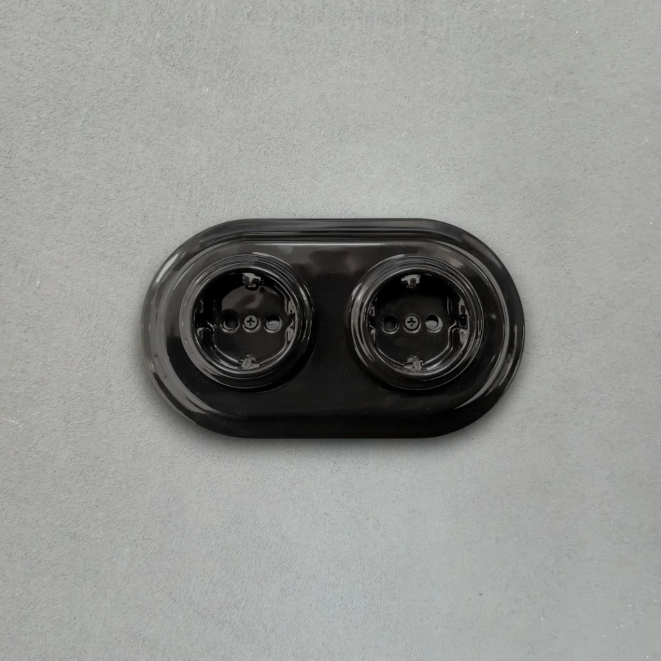Double Power Socket Porcelain Loft Retro Electrical French Surface-Mounting Vintage Cottage Ceramic Black