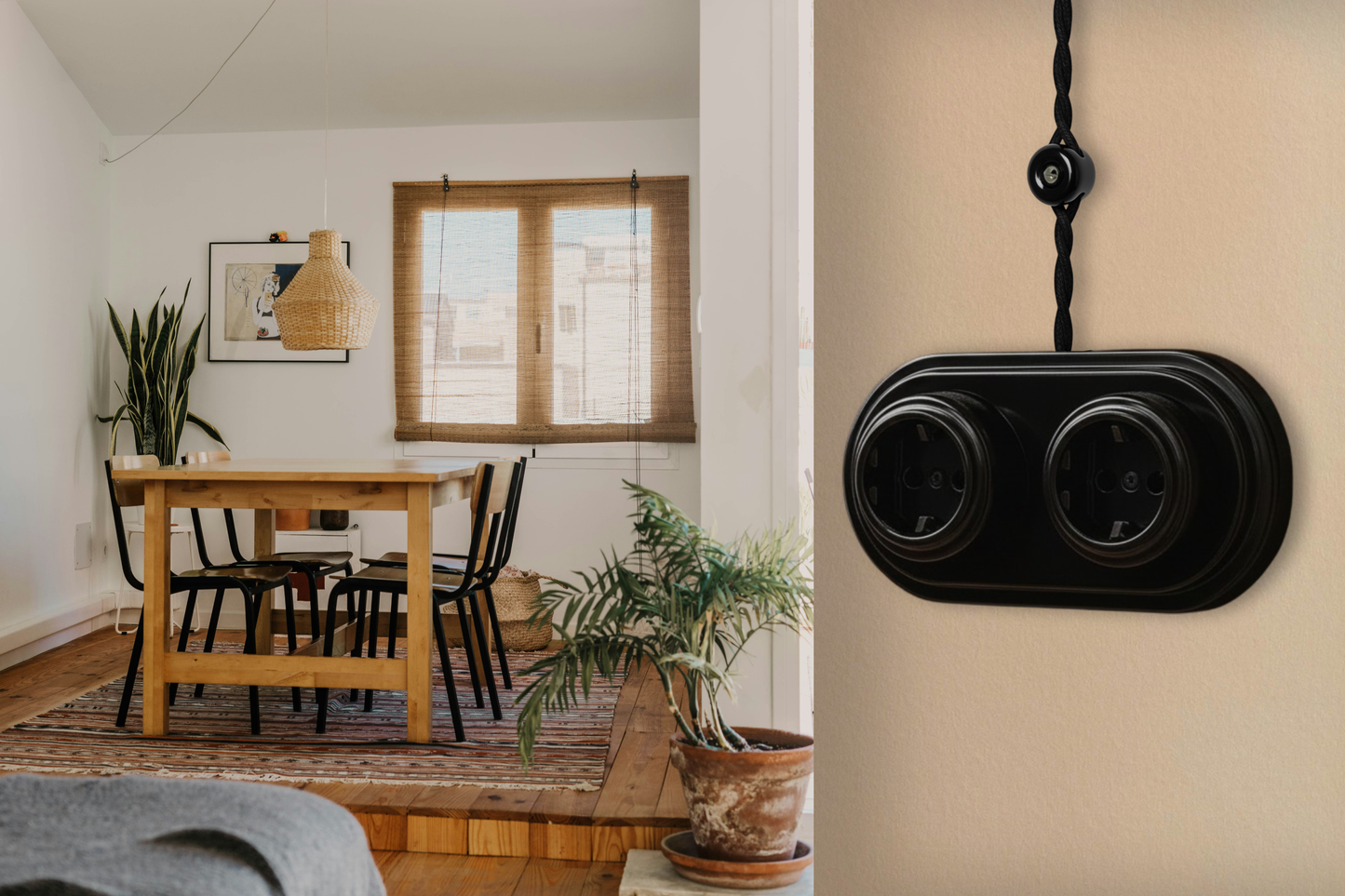 Surface Mount French Socket (Type E) – Double Outlet with Earth Pin in Black Porcelain