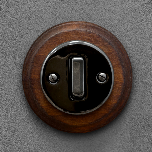 Flush Mount 1-Gang 2-Way Rocker Light Switch - Single in Black Porcelain & Dark Wood