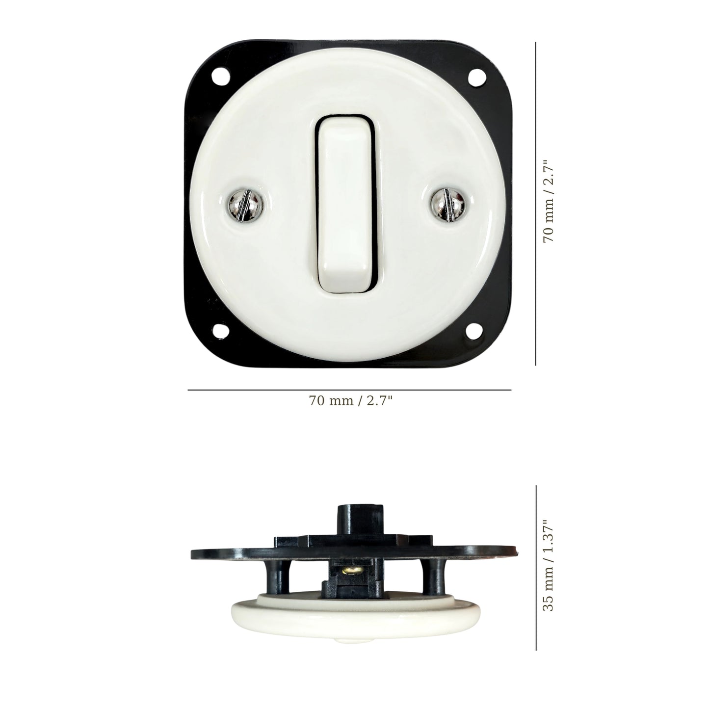 white porcelain 1gang2pole light switch insert, flush-mount, measurements