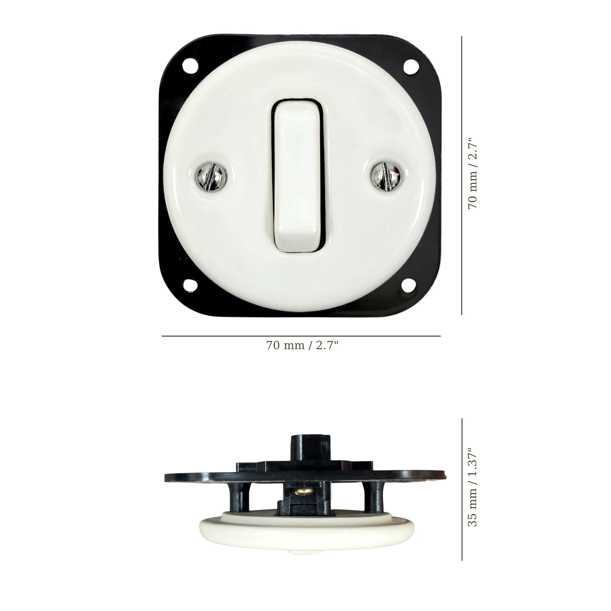 white porcelain 1gang2pole light switch insert, flush-mount, measurements