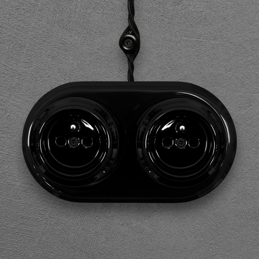 Double black French porcelain socket, surface-mount, front