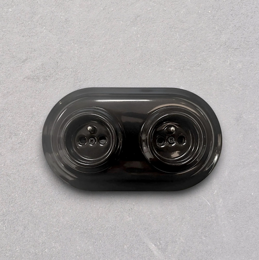 Flush-Mounting Double Frame French Power Socket Porcelain Loft Retro Electrical Vintage Cottage Ceramic Black