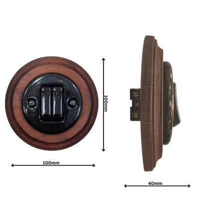 Wooden Frame Porcelain Light Switch Loft Retro 2-gang Two-way Flush-Mounting Vintage Cottage Black Ceramic