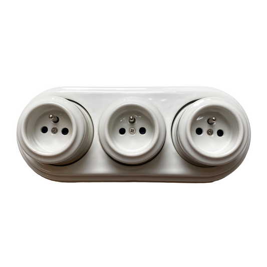 Triple Power French Socket Porcelain Surface Mounted Loft Retro Electrical 3 Socket Vintage Cottage Ceramic White