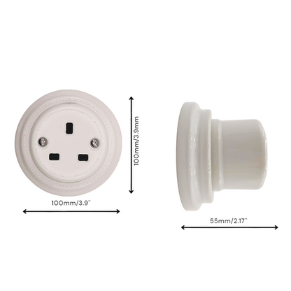 Power Socket 3 Prong UK Porcelain Surface Mounted Loft Retro Electrical Surface Mounted Vintage Cottage Ceramic White