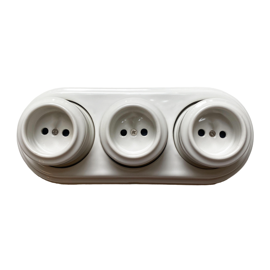 Surface Mounting Triple Power Socket Porcelain Loft Retro Electrical German Schuko Vintage Cottage Ceramic White