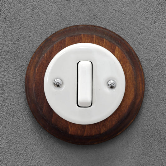 Flush Mount 1-Gang 2-Way Rocker Light Switch - Single in White Porcelain & Dark Wood