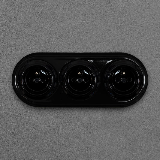 Triple Power French Socket Porcelain Surface Mounted Loft Retro Electrical 3 Socket Vintage Cottage Ceramic Black