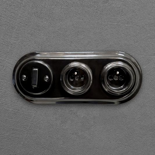 Double black French porcelain socket with light switch, flush-mount, front
