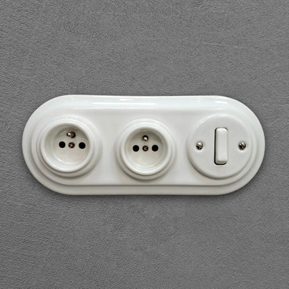 Double white French porcelain socket with light switch, flush-mount, front