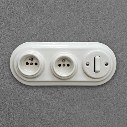 Double white French porcelain socket with light switch, flush-mount, front