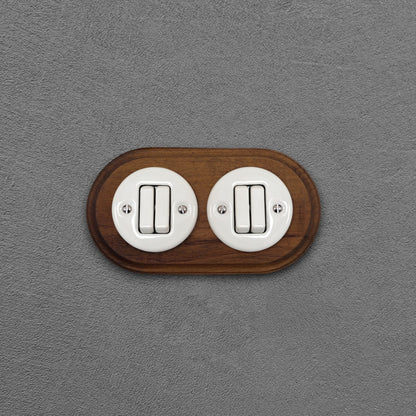 Wooden Frame Double Porcelain Light Switch Loft Retro 2-gang Two-way Flush-Mounting Vintage Cottage Ceramic Dark Brown With White