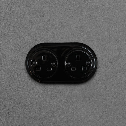 Surface Mounting Double Power Socket Porcelain Loft Retro Electrical UK 3 Prong Surface Mounted Vintage Cottage Ceramic Black