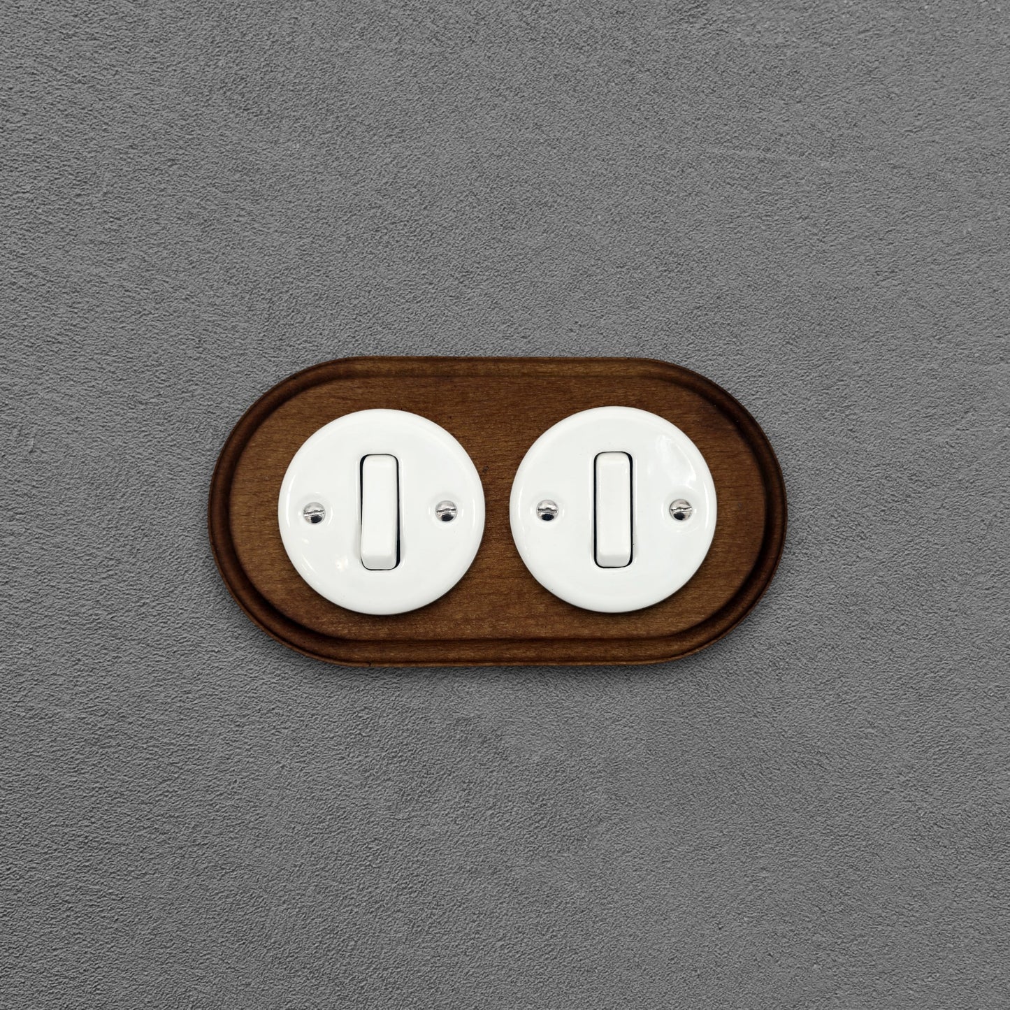 double white porcelain 1gang2way light switch dark wood frame, flush-mount