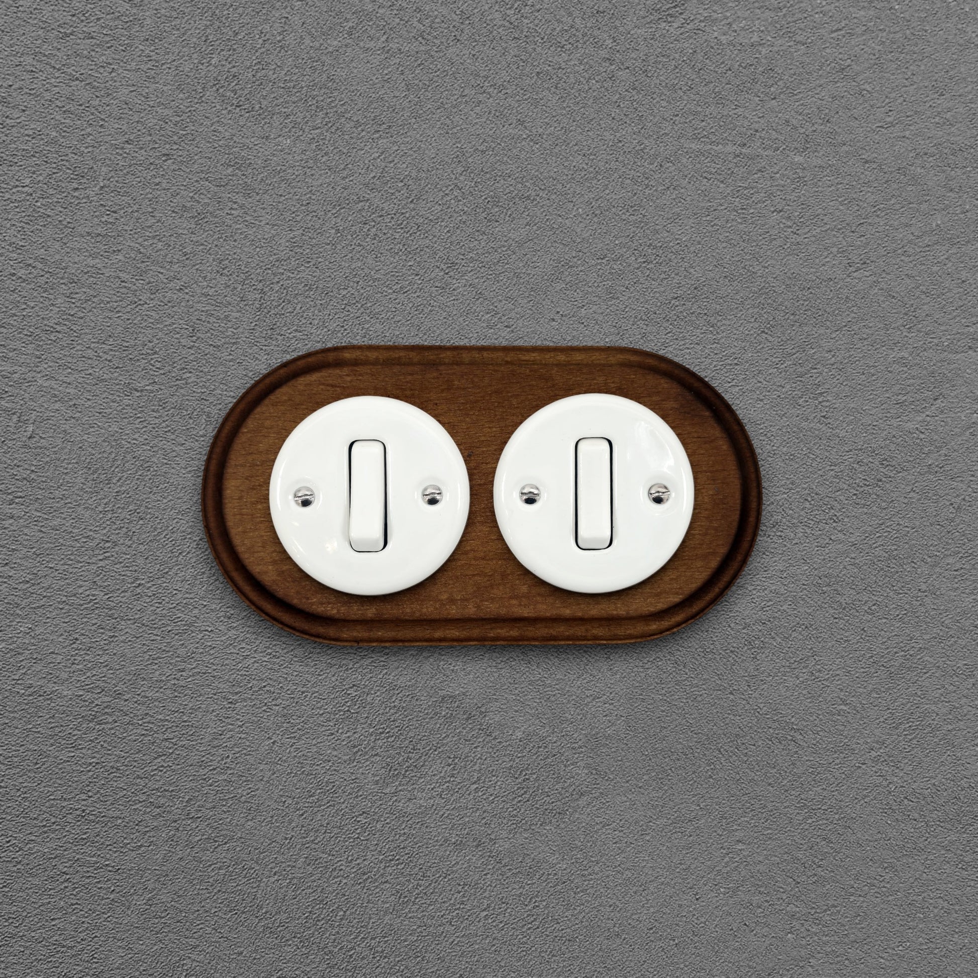 double white porcelain 1gang2way light switch dark wood frame, flush-mount
