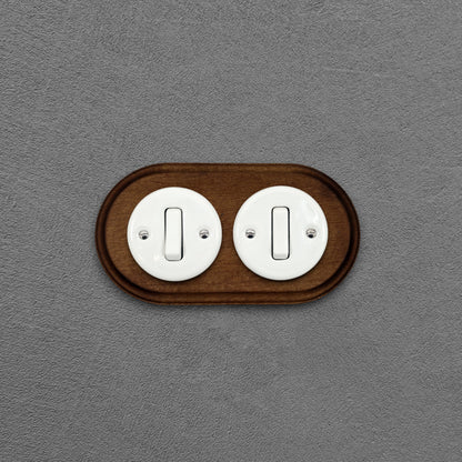 double white porcelain 1gang2way light switch dark wood frame, flush-mount