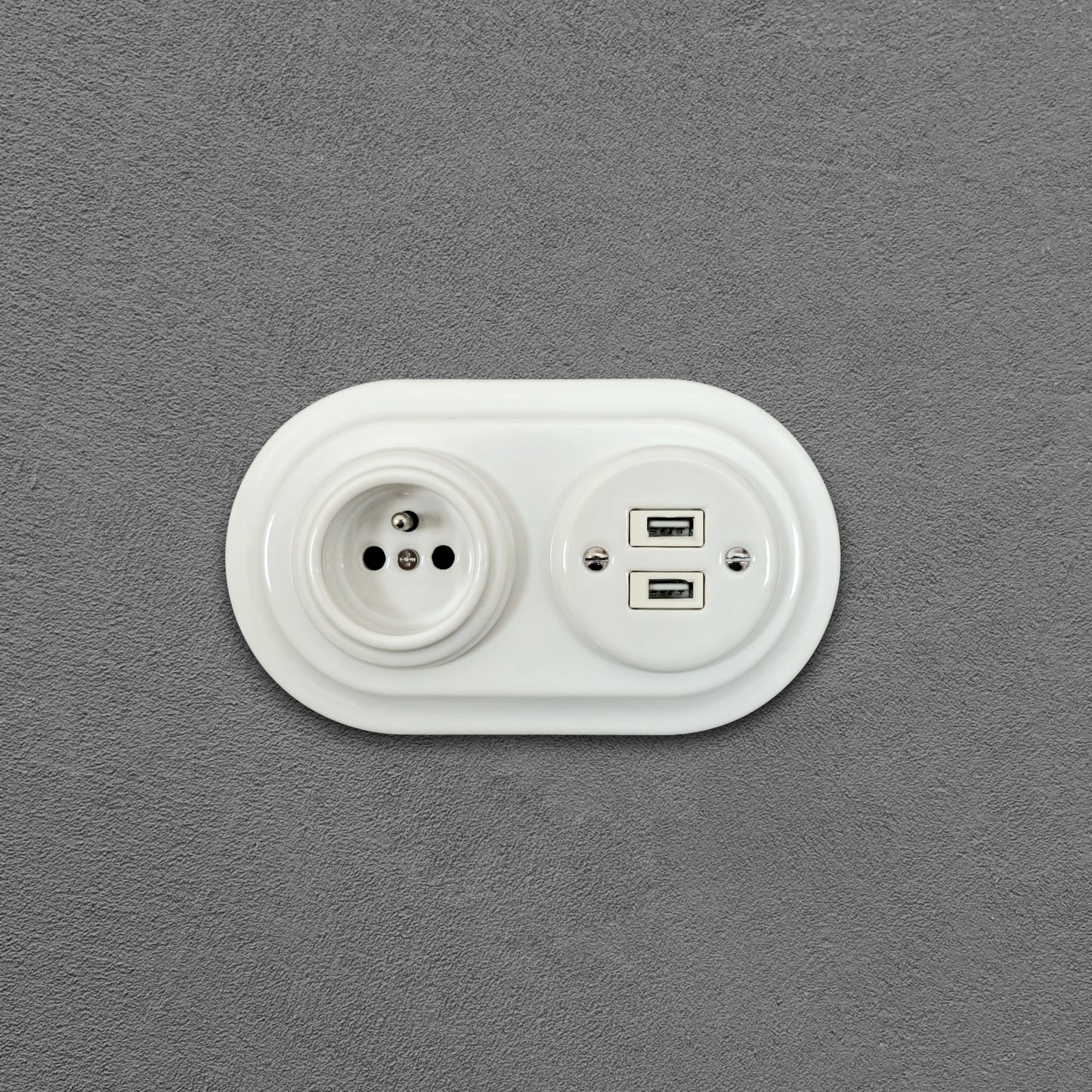Porcelai USB French Socket – Retro Loft Style | Vintage Design, Flush-Mounted White
