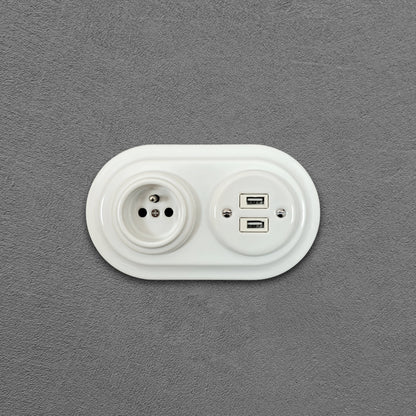Porcelai USB French Socket – Retro Loft Style | Vintage Design, Flush-Mounted White