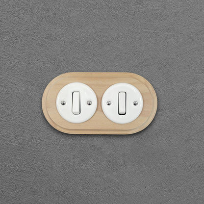 Wooden Frame Double Porcelain Light Switch Loft Retro 1-gang Two-way Flush-Mounting Vintage Cottage Ceramic Natural Wood With White