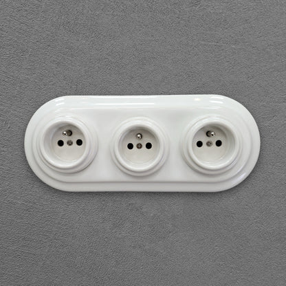 Triple Power Porcelain Socket – Retro Loft Style | Vintage Design, Flush-Mounted, French Socket in White Ceramic