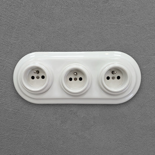 Triple Power Porcelain Socket – Retro Loft Style | Vintage Design, Flush-Mounted, French Socket in White Ceramic