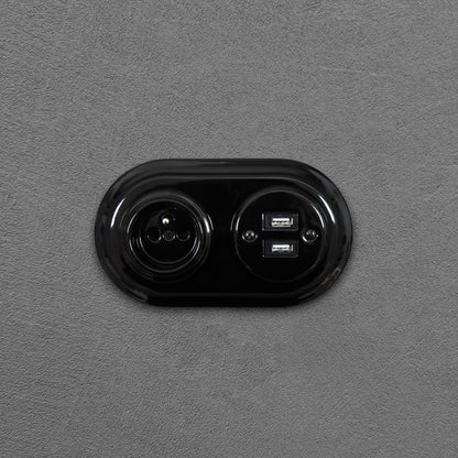 Black porcelain Type F socket with 2xUSB-A, flush-mount