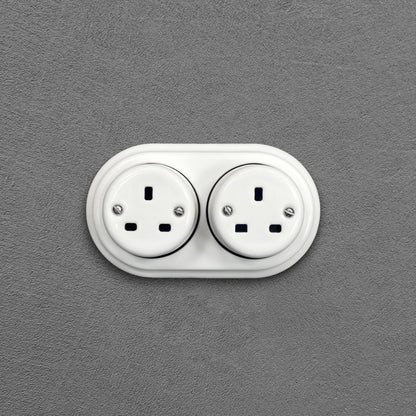 Surface Mounting Double Power Socket Porcelain Loft Retro Electrical UK 3 Prong Surface Mounted Vintage Cottage Ceramic White