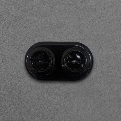 Surface-Mounting Double Frame German Schuko Power Socket Porcelain Loft Retro Electrical Vintage Cottage Ceramic Black
