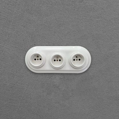 Triple Power Porcelain Socket – Retro Loft Style | Vintage Design, Flush-Mounted, French Socket in White Ceramic
